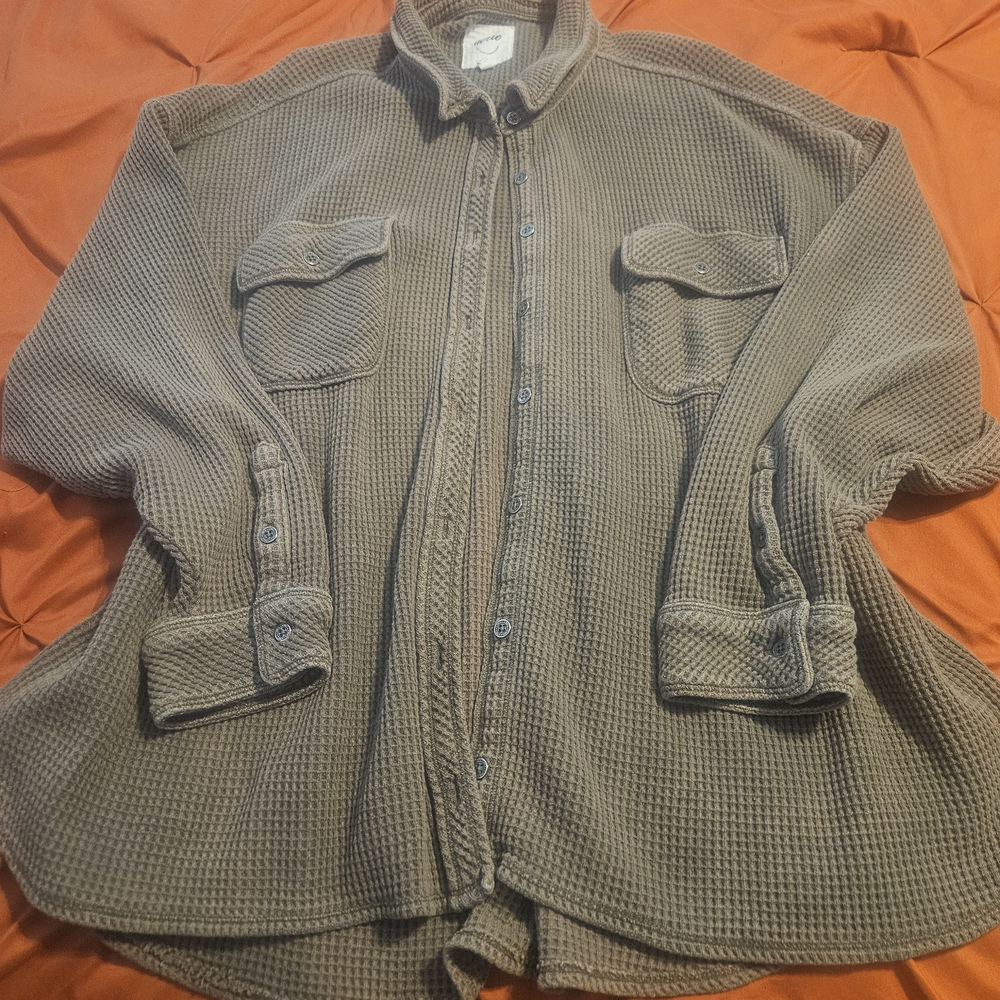 aerie Olive Green Waffle-Knit Button-Down Shirt